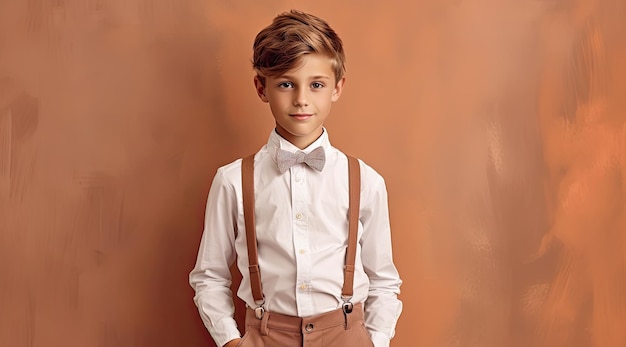 A boy in a white shirt and suspenders stands in front of an orange background.