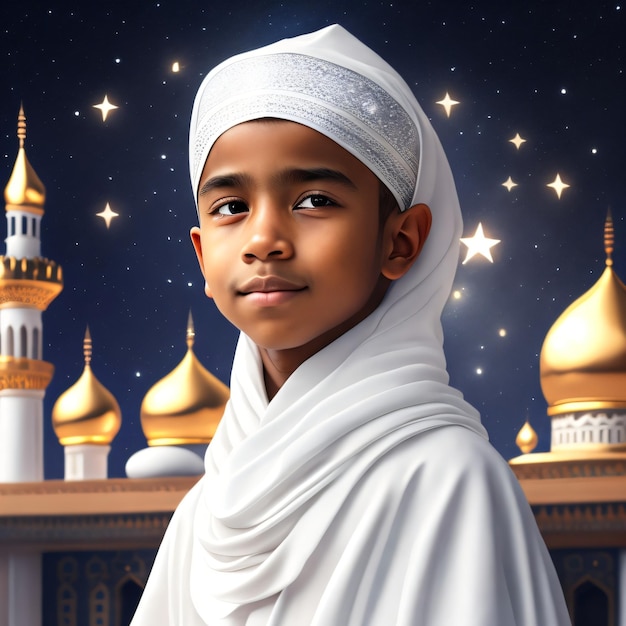 A boy in a white turban stands in front of a backdrop of gold domes.