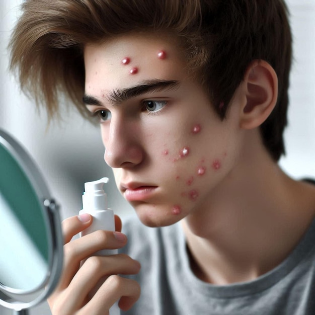 a boy with acne marks on his face and a mirror