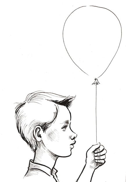 Boy with air balloon. Ink black and white drawing