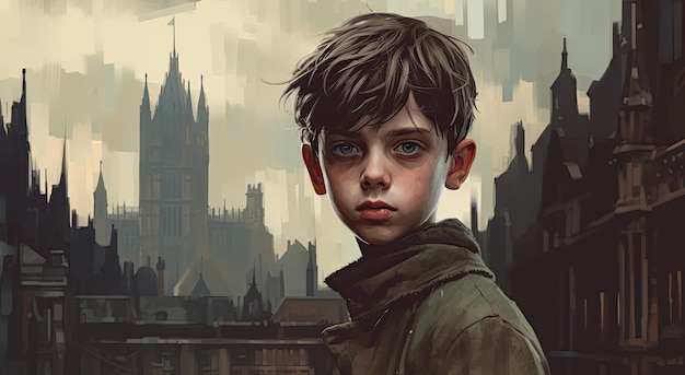 A boy with a background of a cityscape