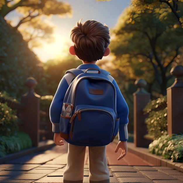 a boy with a backpack and a backpack is standing in a park