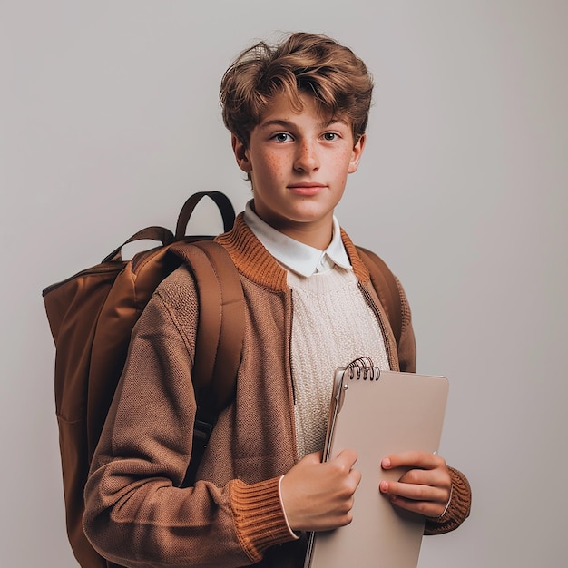 a boy with a backpack and a book in his hand