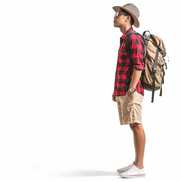 a boy with a backpack and a hat on his head stands in front of a white background