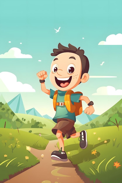 Boy with backpack is running in field with mountains in the background Generative AI