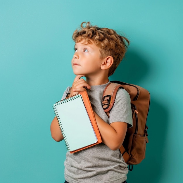 a boy with a backpack and a notebook on his back