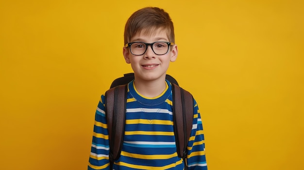 Boy with backpack ready to go to school smiling isolated on yellow background