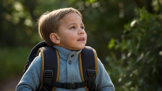 A boy with a backpack receives guidance from an adult in a forest