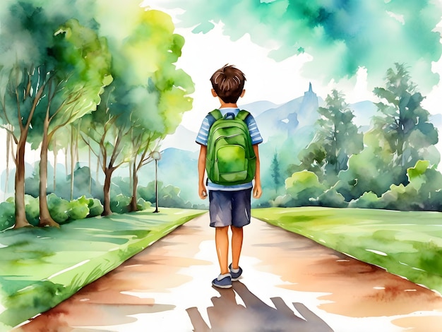 a boy with a backpack stands in the rain in front of a forest