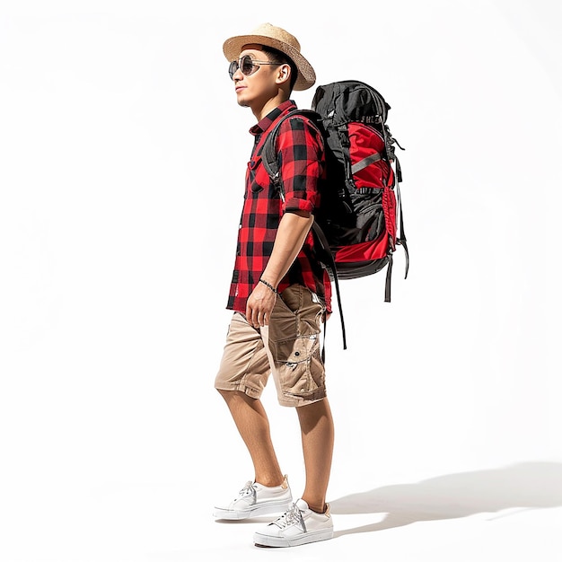 a boy with a backpack and sunglasses on his head