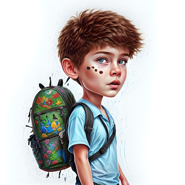 A boy with a backpack that says'the beast'on it