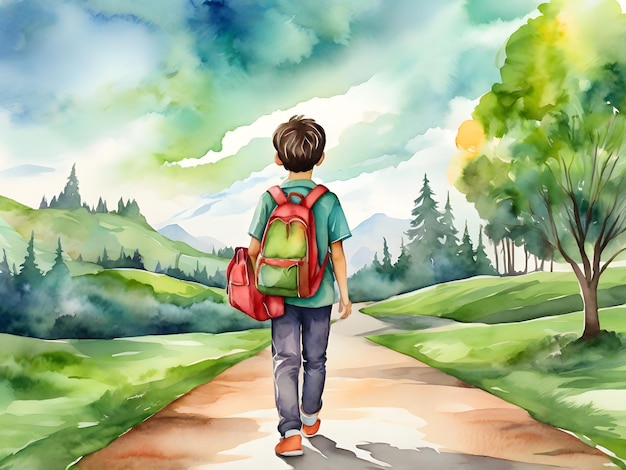 a boy with a backpack walks down a path in the woods