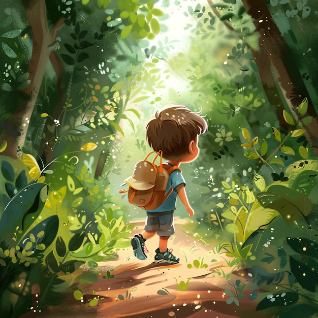 a boy with a backpack walks in the forest