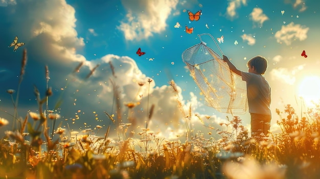 A boy with a big net catches beautiful butterflies