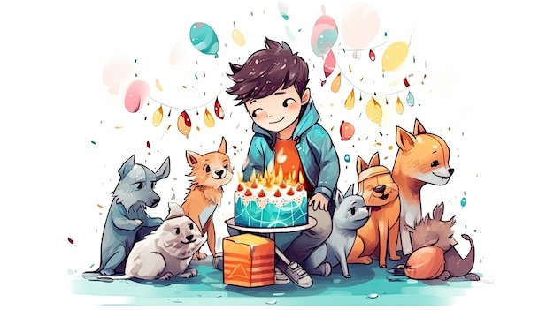 A boy with a birthday cake and a birthday cake with cats on it.