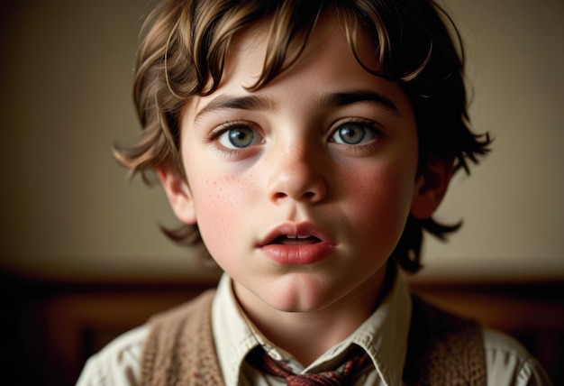 a boy with a black eye and a brown vest with a black spot on his face