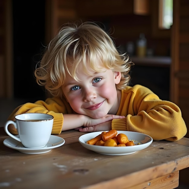 Photo a boy with blonde hair and a cup of coffee on a table