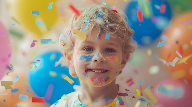 a boy with blonde hair and a white shirt with colorful confetti on his face