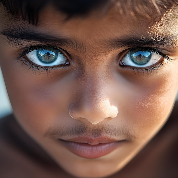 A boy with blue eyes and a blue eye that is looking at the camera