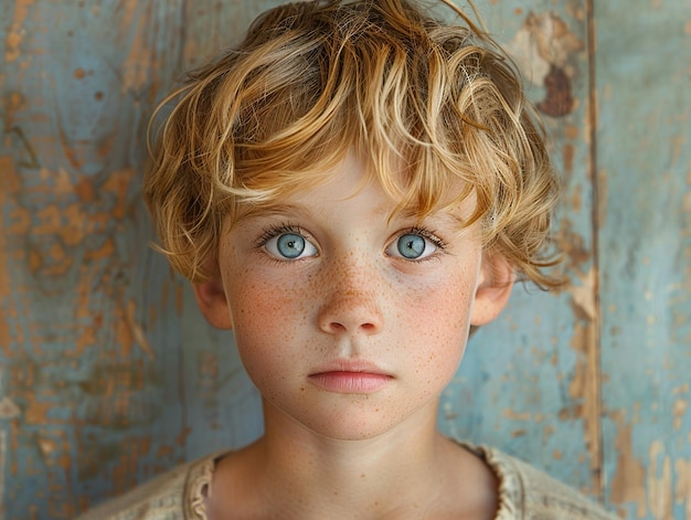 a boy with a blue eyes and a brown shirt with a brown and white shirt that says  freckles