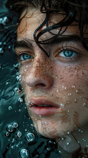 a boy with blue eyes and freckles is looking up to the sky