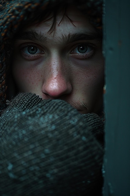 a boy with blue eyes and a glove on his hand