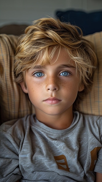 a boy with blue eyes and a gray shirt is laying on a bed