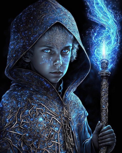 A boy with a blue eyes holding a magic wand