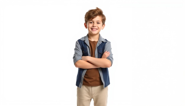 Photo a boy with a blue jacket and a brown shirt with a brown shirt on