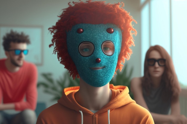 A boy with a blue mask on his face