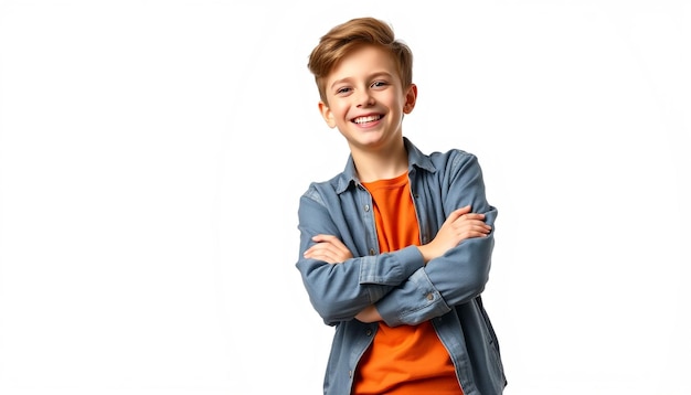 a boy with a blue shirt and an orange shirt with his arms crossed