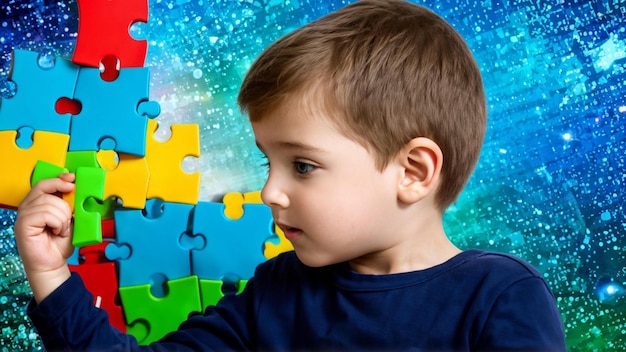 a boy with a blue shirt that says puzzle on it