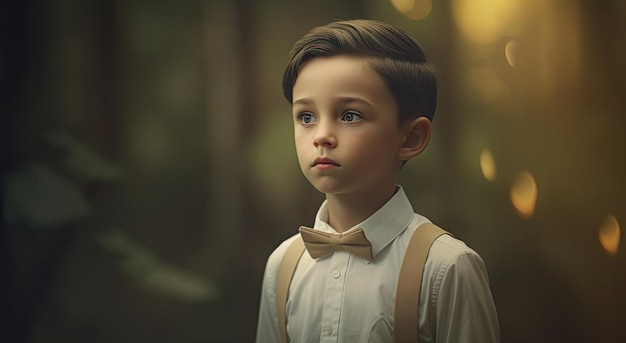 A boy with a bow tie stands in a forest.