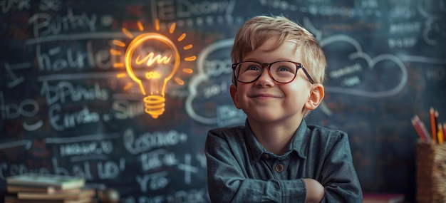 Boy with a bright idea in a classroom