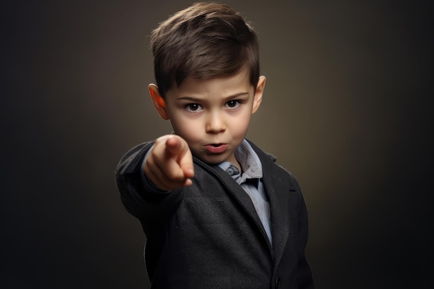 A boy with brown eyes and hair pointing at you with his index finger