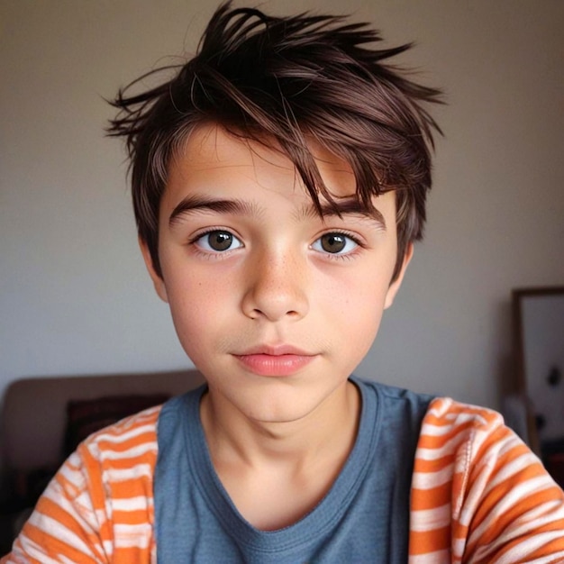 a boy with brown hair and a blue and orange striped shirt