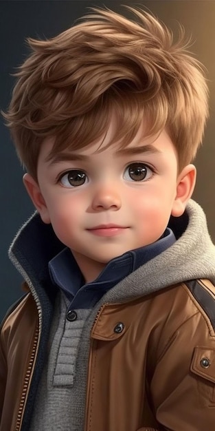 A boy with brown hair and a brown jacket that says " the word " on it.