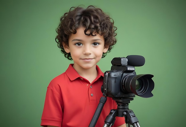 a boy with a camera and a video camera on the green background