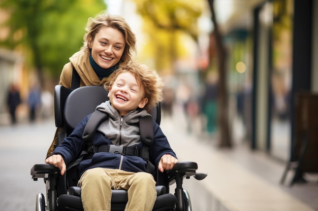 A boy with cerebral palsy in a wheelchair and his caring mother