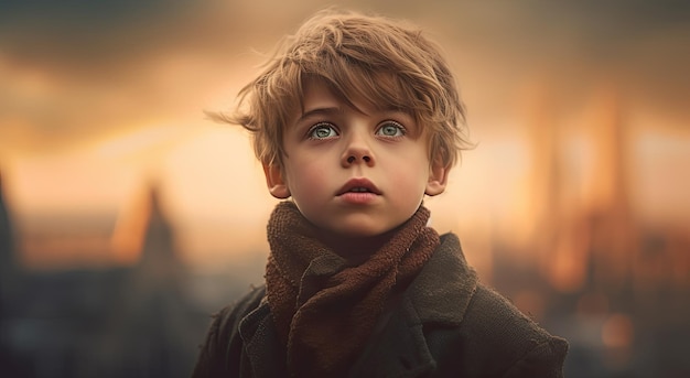 A boy with a coat and blue eyes looks up at the sky.