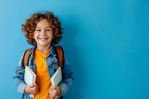 a boy with curly hair and a backpack holding books