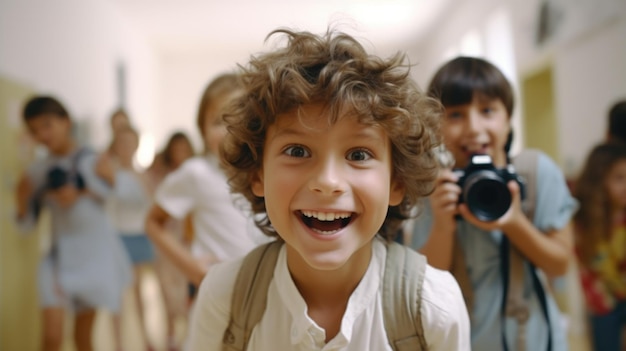 A boy with curly hair is smiling and holding a camera