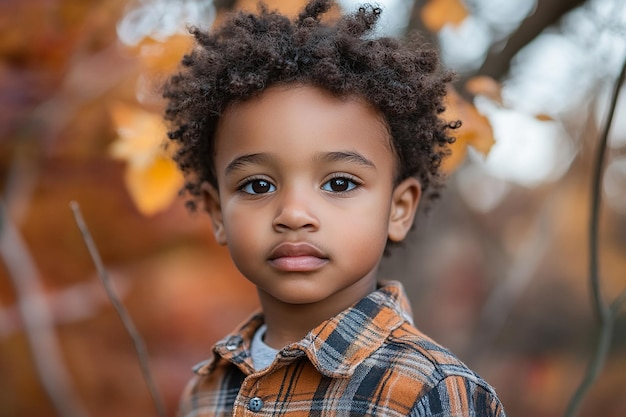 a boy with curly hair and a plaid shirt is standing in front of a tree