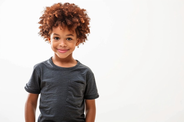 Photo a boy with curly hair poses for a photo