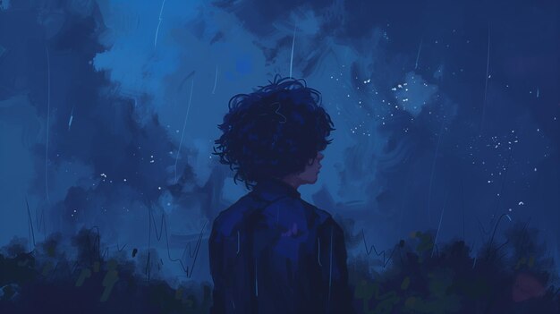 Boy with curly hair silhouette standing against dark blue starry night illustration