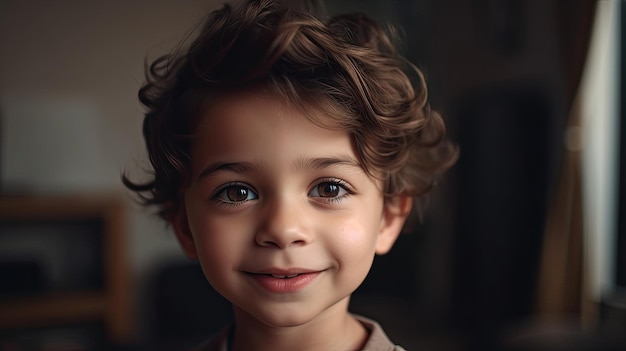 A boy with curly hair smiles at the camera.