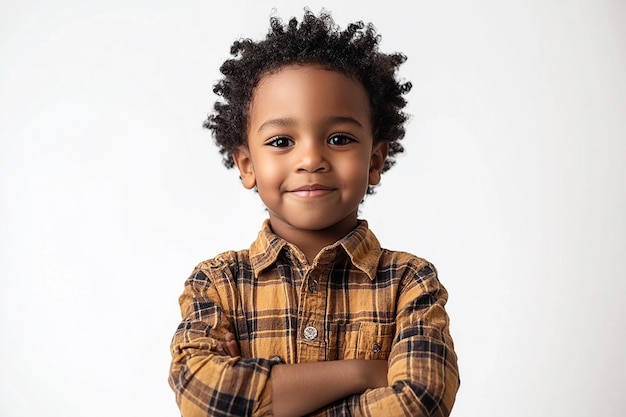 Photo a boy with curly hair wearing a plaid shirt