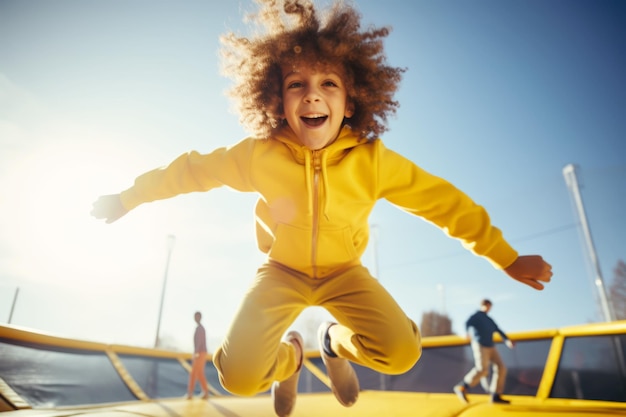 Photo the boy with curly hair in a yellow hoodie jumping on a trampoline in a colorful playground