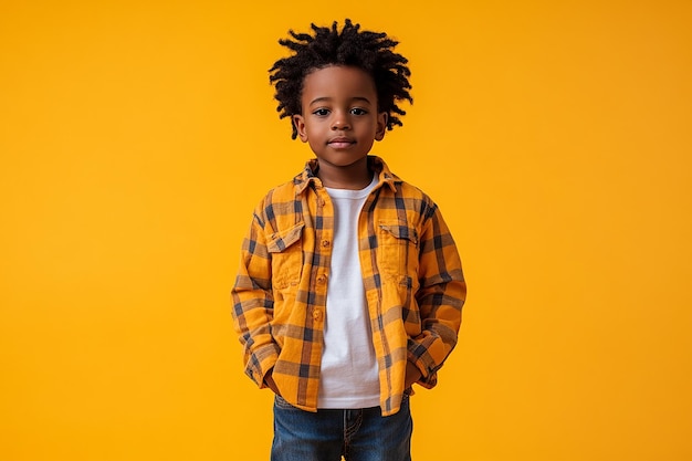 a boy with dreadlocks stands in front of a yellow background