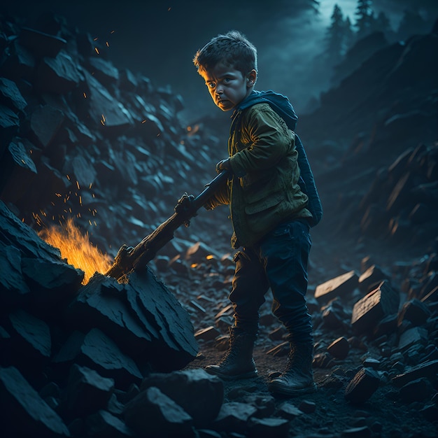 A boy with a fire in his hand is holding a stick A symbolic pics of child labour day AI generated